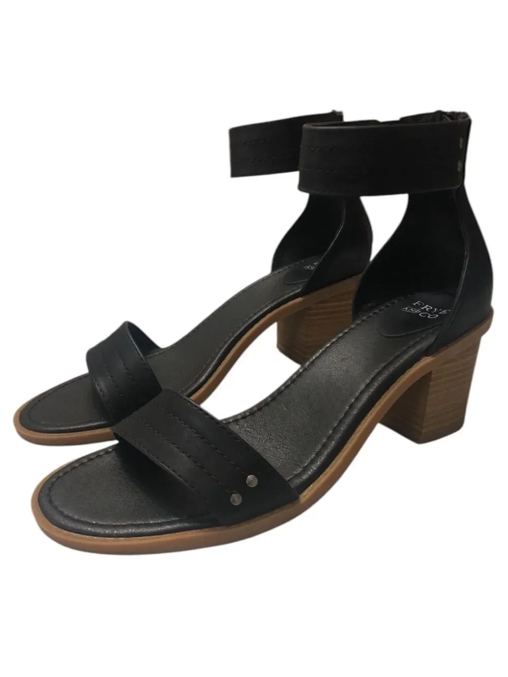 FRYE & CO 11 ZAKI Black Studded Ankle Strap Back Zip Stacked Block Heel Sandals